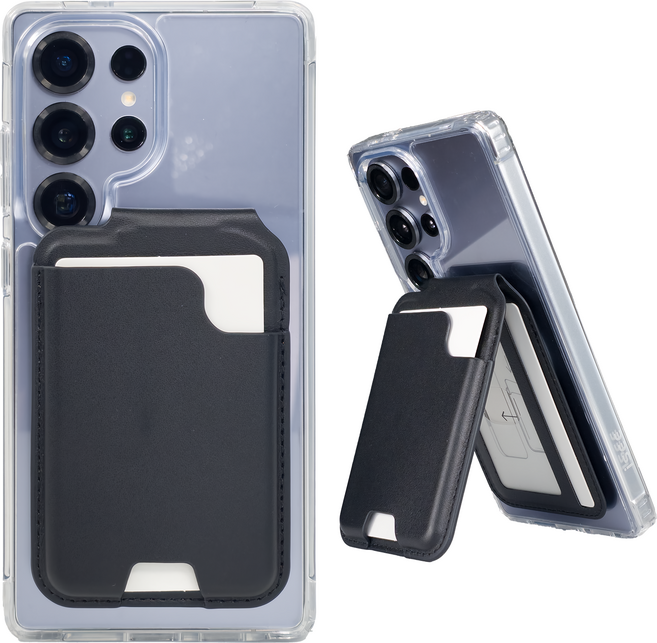 아이시(isee) 갤럭시(카메라컷) 맥세이프 강력자석 각도조절 접이식 스탠드 카드지갑 (카드4장 수납), 1세트, 블랙