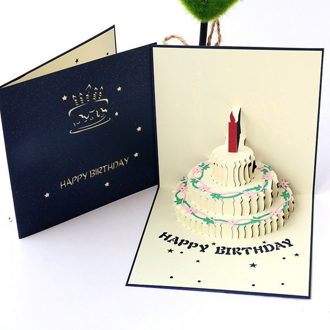 1/2/3/4구성 입체 3D 생일 축하 팝업 카드 촛불 케이크 초대장 파티 편지지, 네이비1p
