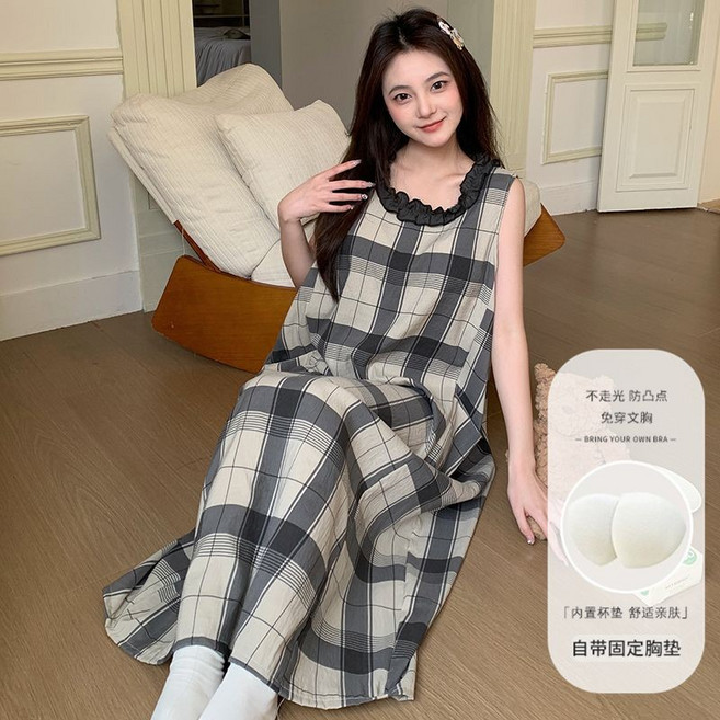 睡衣 帶胸墊 寬鬆條紋睡裙 家居服