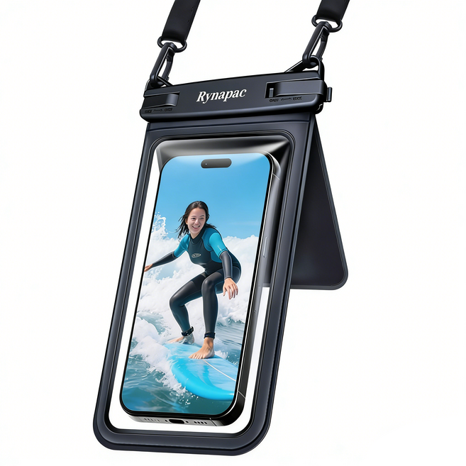 리나 갤럭시 아이폰 전기종 투명 이중포켓 길이조정 스트랩 방수팩, 1개, 블랙