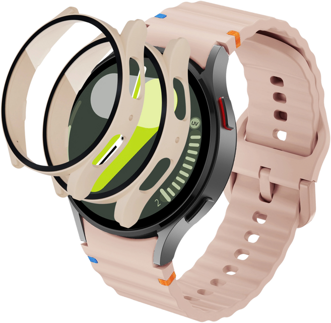 데일리피 갤럭시워치 호환 실리콘 컬러풀한 스티치 스트랩 8/7/6/6클래식/5/5프로/4/4클래식+PC 케이스 2개, 핑크/핑크