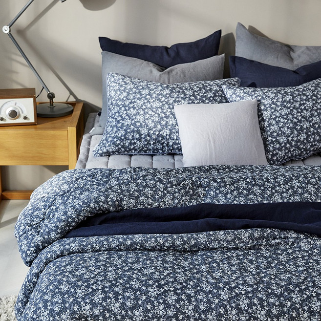 플로리스 모달 차렵이불 - 블루그레이 싱글 퀸 누비 자수 부드러운 꽃 이불