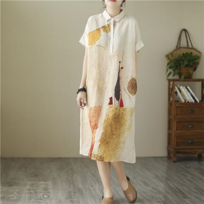 Makone 여성 빈티지 캐주얼 플라워 프린트 반소매 루즈핏 린넨 셔츠카라 롱 원피스