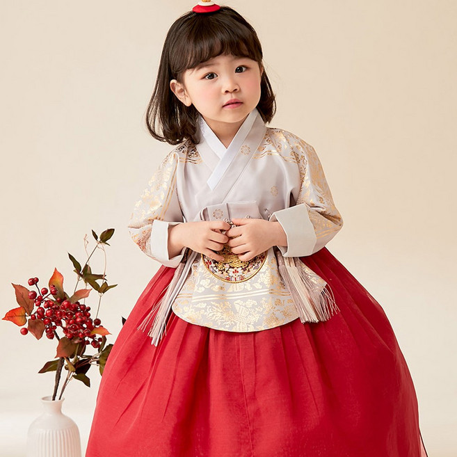 미리별 여아 한복 (3.4호) 유아 어린이 금박 중전 갈래 홍색 고급 당의