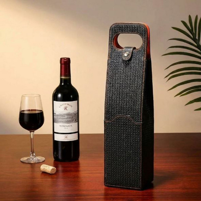 osshop 와인 케이스 휴대용 와인 가방 선물 PU가죽 41cm, 1개, 앰보패턴 와인 쇼핑백 1구