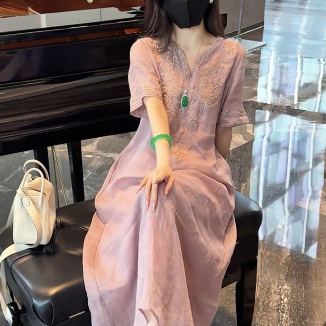 中國風刺繡V領唐裝連衣裙女 夏季寬鬆顯瘦氣質長裙子, 1個, 圖片色--淺紫色2XL（134-150斤）