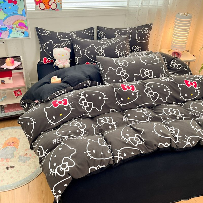 SFYJ 산리오 귀여운 캐릭터 키티 쿠로미 침구 세트 침대 4종 세트