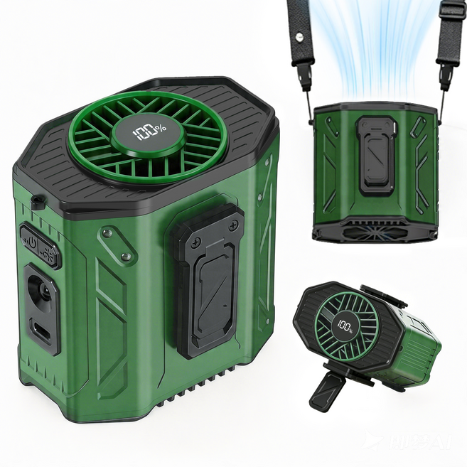 YGGDRAVA 휴대용 고풍속 허리선풍기 바디선풍기, 그린, FWSM-JF-206