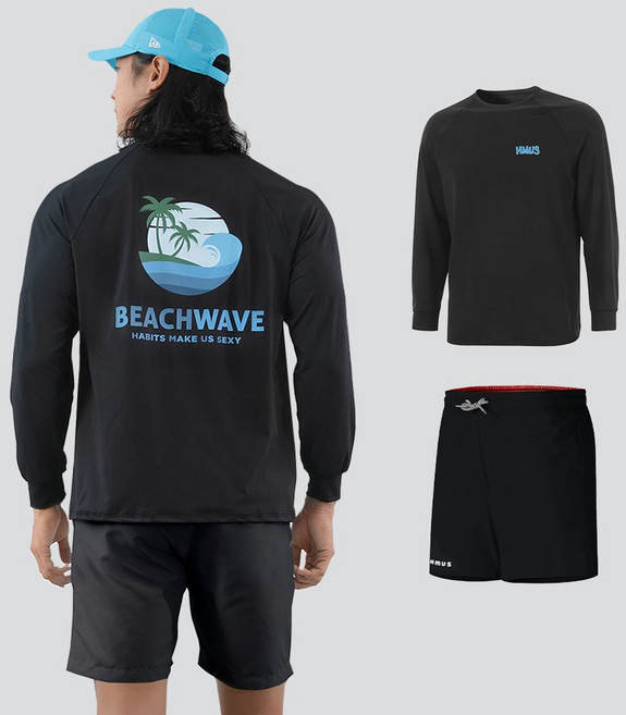 남자 여자 루즈핏 긴팔 래쉬가드 상의 + 반바지 레깅스 상하의 세트