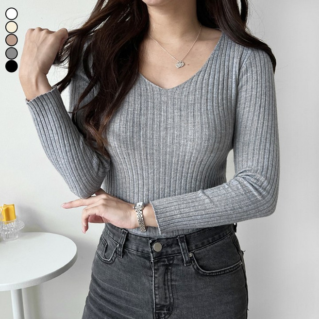 여리진 여성용 스판 쫀쫀 브이넥 골지 긴소매 니트 데일리 긴팔 니트티