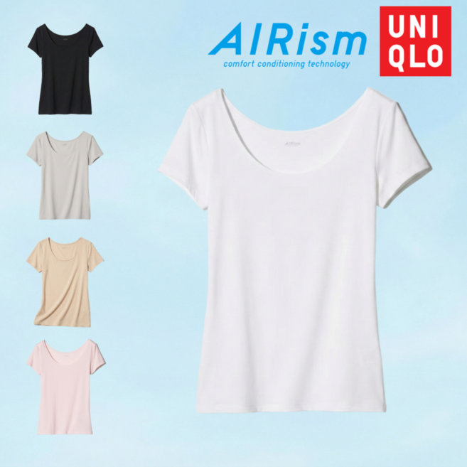 [국내매장판] 유니클로 에어리즘 U넥 여성 반팔 티셔츠 내의 속옷+파우치증정