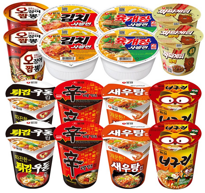 블루존 농심 소컵라면 8종 16개입 (육개장사발면2 김치사발면2 새우탕2 신라면2 오징어짬뽕2 튀김우동2 너구리2 짜파게티2), 1개