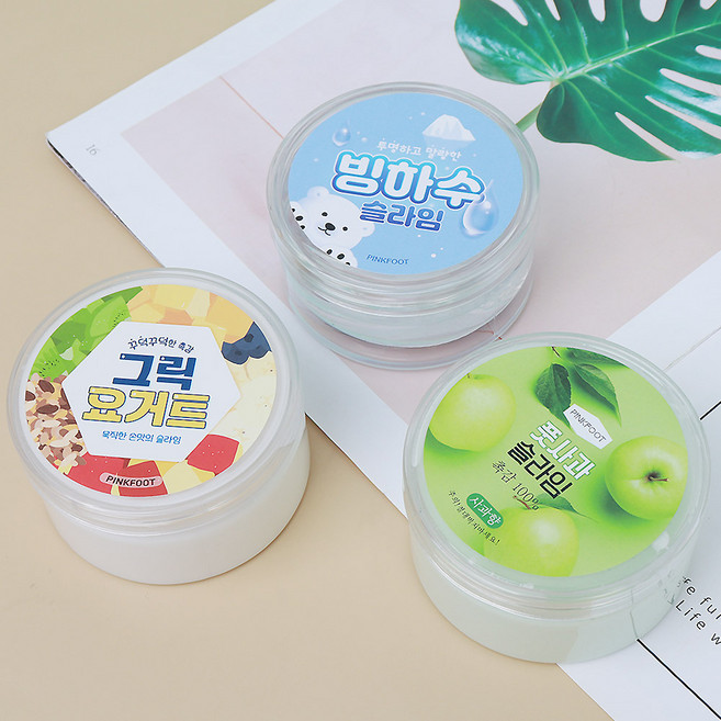 핑크풋 슬라임 KC인증 색상이쁜슬라임 액체괴물 촉감놀이, 빙하수 1개+그릭요거트 1개+풋사과 1개