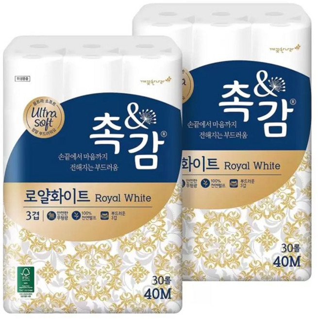 깨끗한나라 촉앤감 로얄 화이트 화장지 40m x 30롤 x 2팩, 0mm, 0개입, 0개