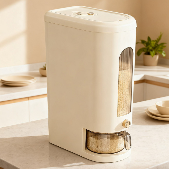 RichMagic 한 번에 누르는 시각적 계량 압력 밀폐 쌀 통 정량 배출 가정용 방충 방습 쌀 보관통 곡물 저장 용기, 1개, 흰색