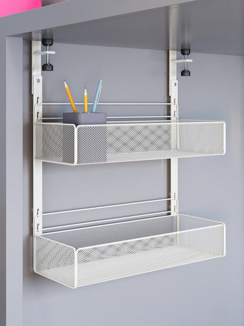 책상아래선반 하부 철제 거치대 무타공 랙 조임방식, 1개, A_화이트(바구니+바구니)