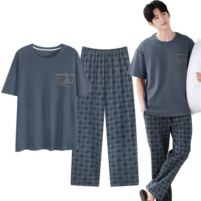 IEDUOS 남성 편안한 순면 100% 실내복 상하복 잠옷 세트 남자 봄가을 파자마 데일리 홈웨어 세트 반팔 티+바지