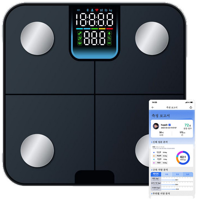 블루투스 스마트 체중계 체지방 인바디 LCD 가정용 직장인 디지털 체성분 측정기 체중계, 1개, 블랙, CF632BLE