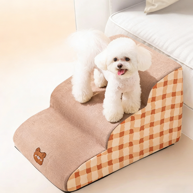 Norah 강아지계단 논슬립강아지계단 3단 강아지계단, 1개, 체크 무늬 곰
