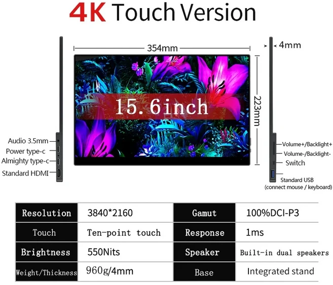 노트북듀얼모니터 보조모니터 Bimawen 156 인치 OLED 4K 터치 휴대용 1MS 게임용 스크린 내장 스탠드 스피커 포함 PS5 용 60HZ 550 니트 UHD 터치스크린 T, 05 미국 플러그, 02 15.6 OLED 4K touch, 01 미국 플러그_01 CHINA