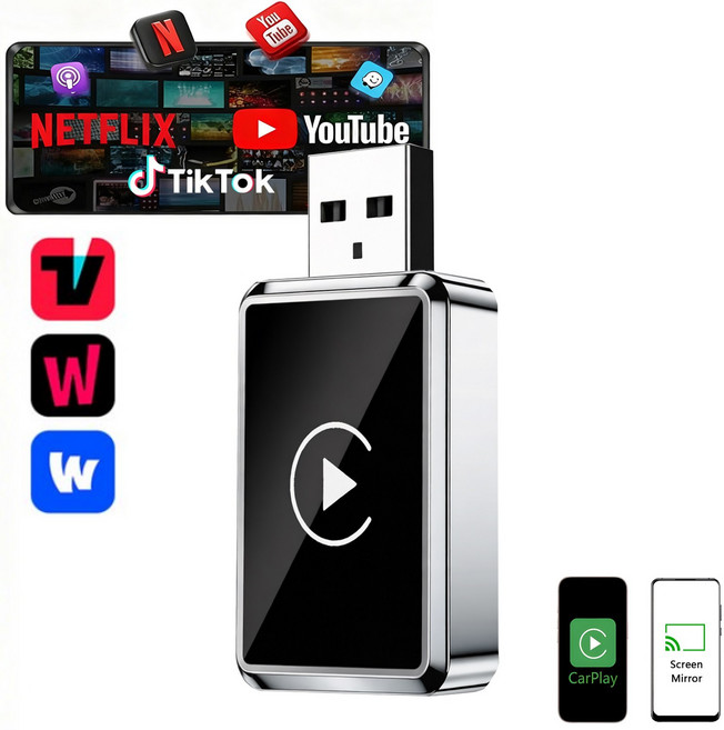 Koogold 차량용 무선 카플레이 동글 아이폰/갤럭시 DP 유선 미러링 TVING 유튜브 넷플릭스 연결 휴대폰 화면을 유선 카플레이 무선 변환 플러그 앤 플레이 유니버셀 어댑터, 은색의, CarPlay