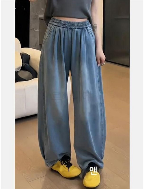 루미에뜨 여성 빅사이즈 와이드 청바지 대형 슬림핏 허리 실크 팬츠 여름 얇은 스타일 플러스 사이즈 넉넉한 드레이프 곡선 칼 끌리는 바지