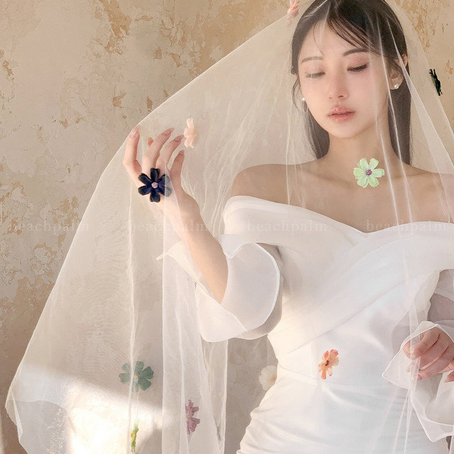 [비치팜] 르피 플라워 웨딩 베일 셀프웨딩 롱 면사포 꽃 브라이덜샤워 촬영 헤어 소품