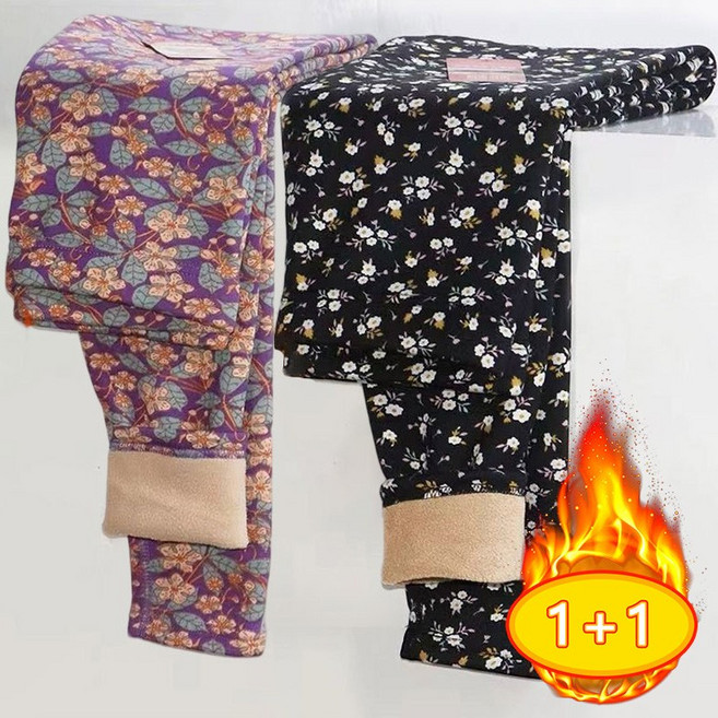 ORZQU 1+1 겨울 중장년 여성 꽃무늬 도톰한 팬츠 허리밴딩 기모 따뜻한 레깅스 바지 엄마옷