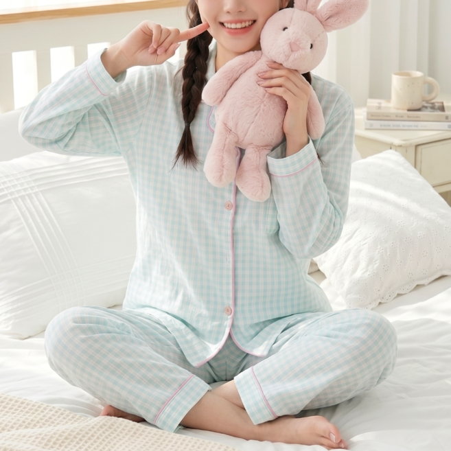 바이로이 여성 봄 여름 가을 소프트 홈웨어 긴팔 잠옷 상하의 세트