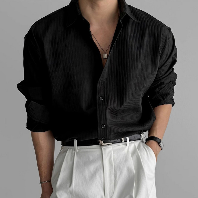 스타일닥터 남성용 텍스처 긴팔 티셔츠 무채색 프리미엄 주름감 셔츠