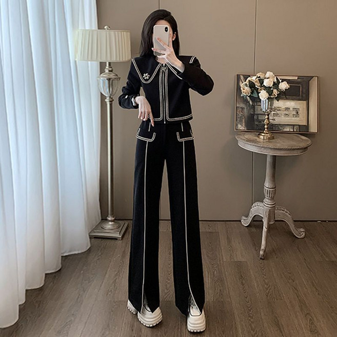 COSYEVNO 여성 트레이닝 세트 가을 빅사이즈 루즈핏 패션 캐주얼 집업 숏 톱+하이웨이스트 와이드 팬츠 투피스 lyjnstz-11