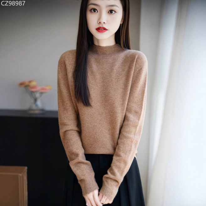 女士純色寬鬆半高領針織毛衣