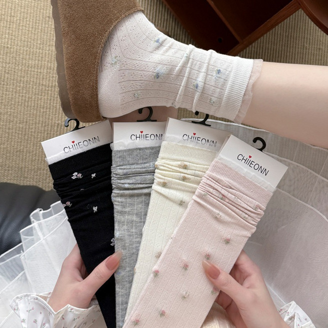 IF YOU 여성 플라워 시스루 양말 여름 얇은 통기성 데일리 패션 삭스 5종 세트