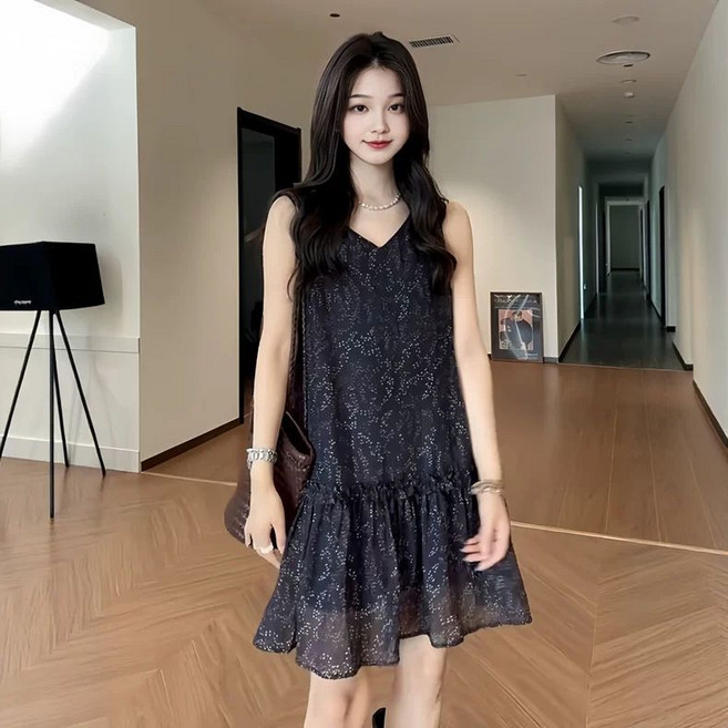 빅사이즈 브이넥 리본프릴 꽃무늬 원피스 여성용 루즈핏 살빼보이는 무끈 슬리브리스 드레스