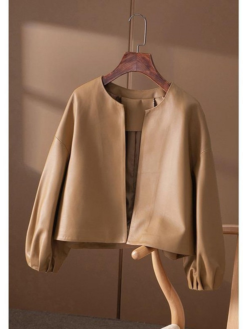 패션고리 봄 여성 라운드넥 루즈핏 벌룬소매 가죽 숏 자켓 9353