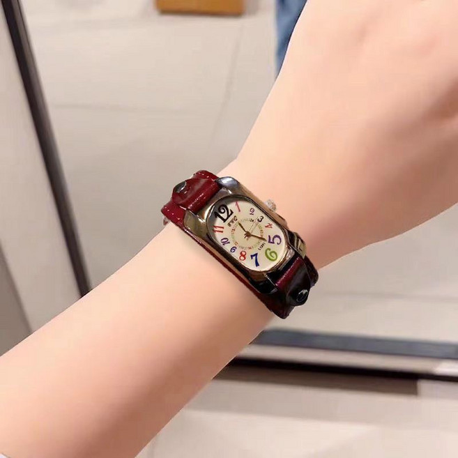 時尚復古真皮腕表彩色數字橢圓表盤男女士表, 1個, 牛皮數字紅色手表電池禮盒-標配