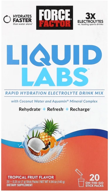 Force Factor 리퀴드 랩스 레피드 하이드레이션 전해질 드링크 믹스 열대 과일 스틱팩 20개 개당 7g (0.25oz), 1개, 1개, 20정 - 쿠팡