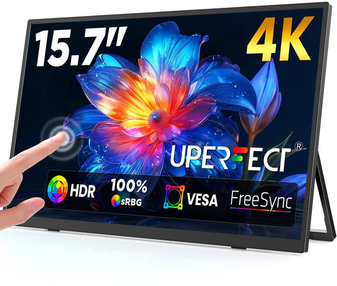 UPERFECT 15 7인치 4K 스위치 USB 디스플레이 FREESYNC 노트북 터치스크린 외장형 휴대용 HDMI HDR PS5 모니터 UHD 보호 호환 데스크톱 SRGB 스마트, 영국 플러그