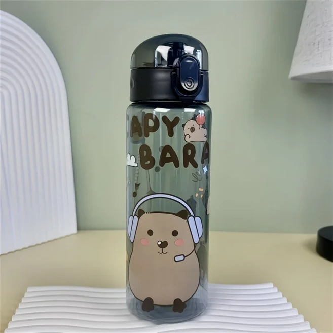780ml Capybara 투명 컵 운반 스트랩이있는 귀여운 만화 물병 누출 방지 휴대용 야외 마시는 스포츠, 01 780ml, 03 black