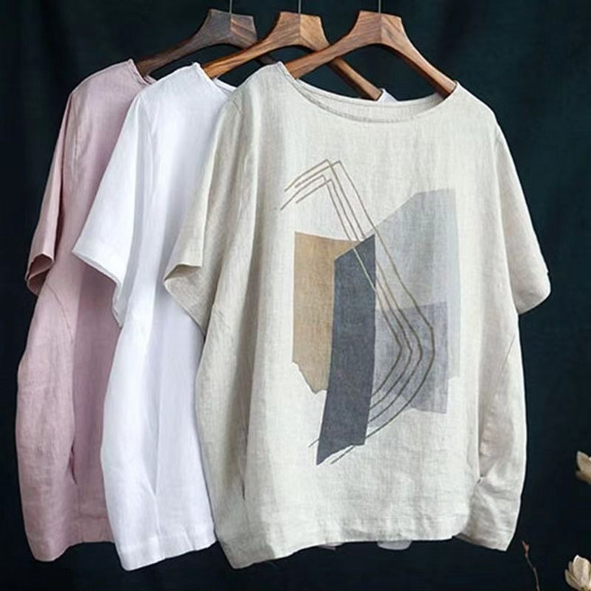 여름 얇은 루즈핏 반팔 블라우스 라운드넥 코디 면마 티셔츠 중년여성의류