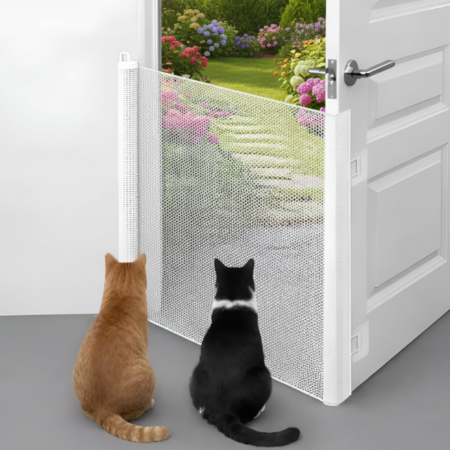 샤이니도트 강아지 안전문 무타공 메쉬 반자동 출입차단문, 1개, 화이트