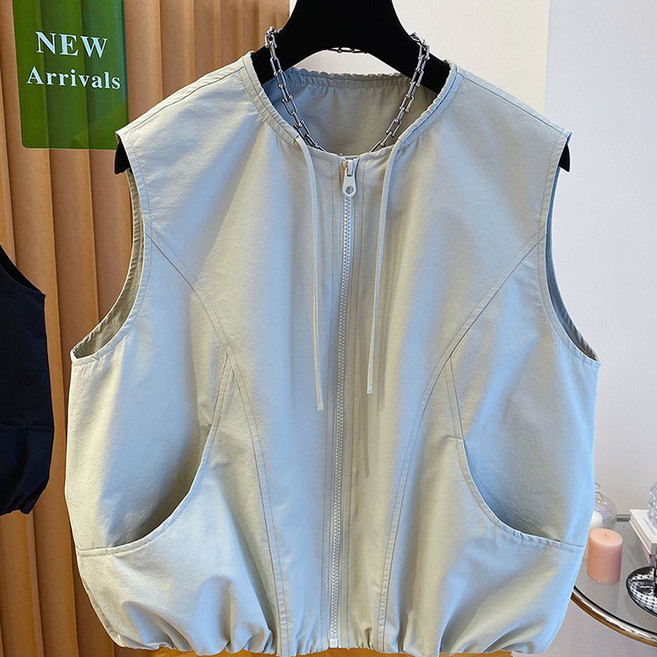 ORZQU 여성 여름 라운드넥 지퍼 쇼트 베스트 루즈핏 심플 바람막이 조끼