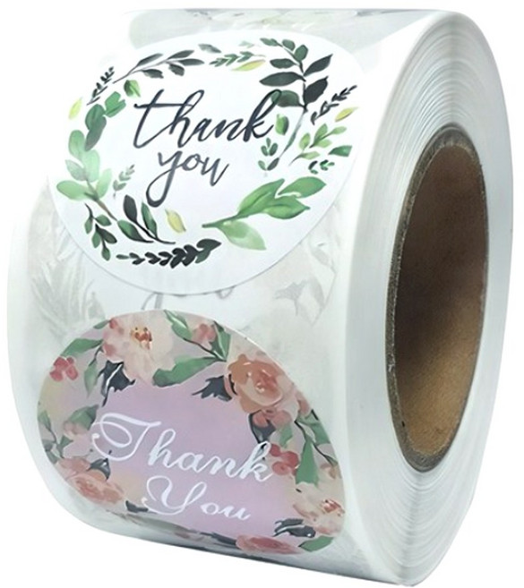 플라워 원형 땡큐 롤 스티커 500p 3.8cm, 혼합색상 2.5cm, 1개
