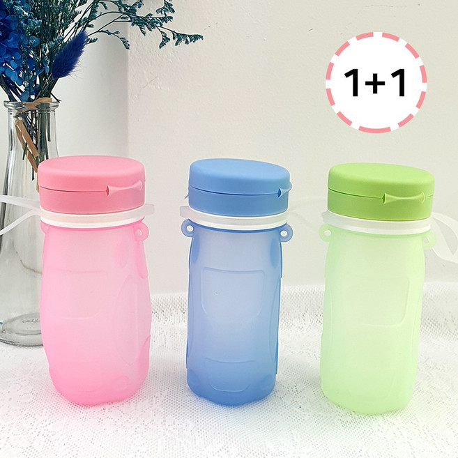 아가프라 (1+1)실리콘물병 300ml 접이식물병 목걸이포함 실리콘물주머니, 그린+핑크, 1세트, 실리콘보틀(그린), 실리콘보틀(핑크)
