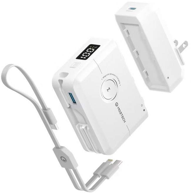 MOZTECH 萬能充Max 可拆分行動電源 WH標示 自帶線 磁吸無線充 蘋果手錶無線充, 星辰白