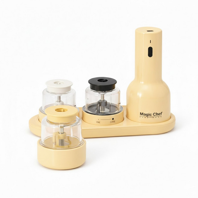 매직쉐프 전동그라인더 소금 후추 깨 3in1(본체+팟3P+트레이)버터옐로우, 1세트, 50ml