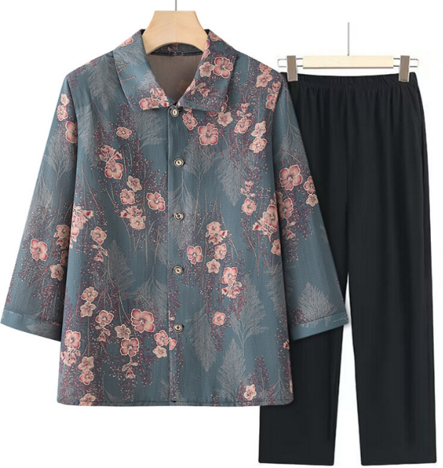 ALIPANG 알리팡 여성 투피스 복고풍 7부소매 할머니 중년여성 자켓 상의 루즈핏 캐쥬얼 바지세트