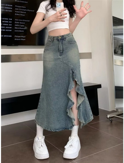 SAHINER 여성 봄 여름 데님 롱 스커트 언발 플레어 밑단 프릴 캐주얼룩 BQZ62