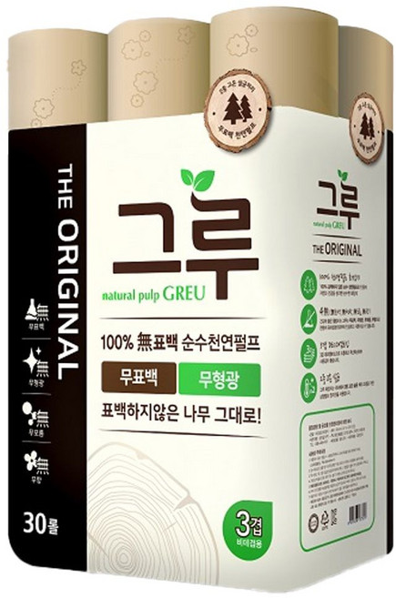 그루 무표백 천연펄프 3겹 화장지 30M x 30롤 ykm*83457xA, 30개