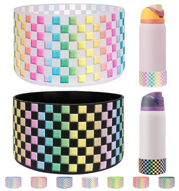 HEYSKAY Owala Flask 물병용 실리콘 부츠 2개 709.8ml24온스 미끄럼 방지 보호 슬리브 Twist FreeSip 및 Flip 스테인리스 스틸 물병 B, 다채로운 격자 투명/다채로운 격자 블랙
